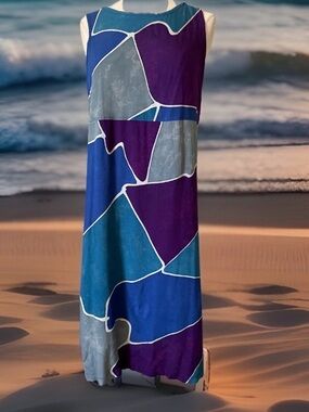 Sleeveless Colorblock Geometric Midi Dress in Teal, Blue & Purple